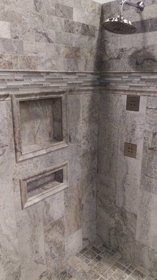 Inspiration for a mid-sized transitional 3/4 brown tile, gray tile and stone tile bathroom remodel