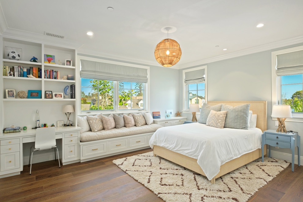 Design ideas for a transitional bedroom in Los Angeles with grey walls, dark hardwood floors and brown floor.