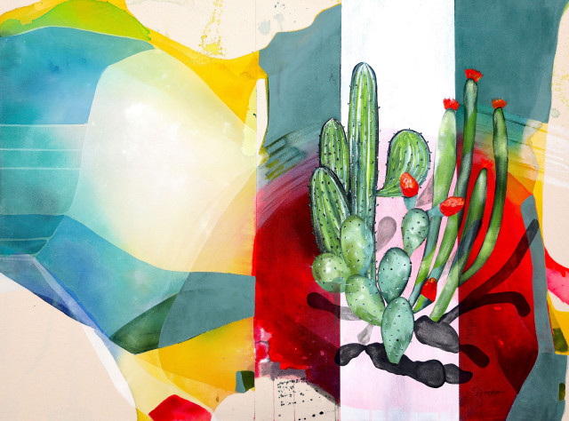 Desert botanical painting, cactus art, contemporary landscape painting