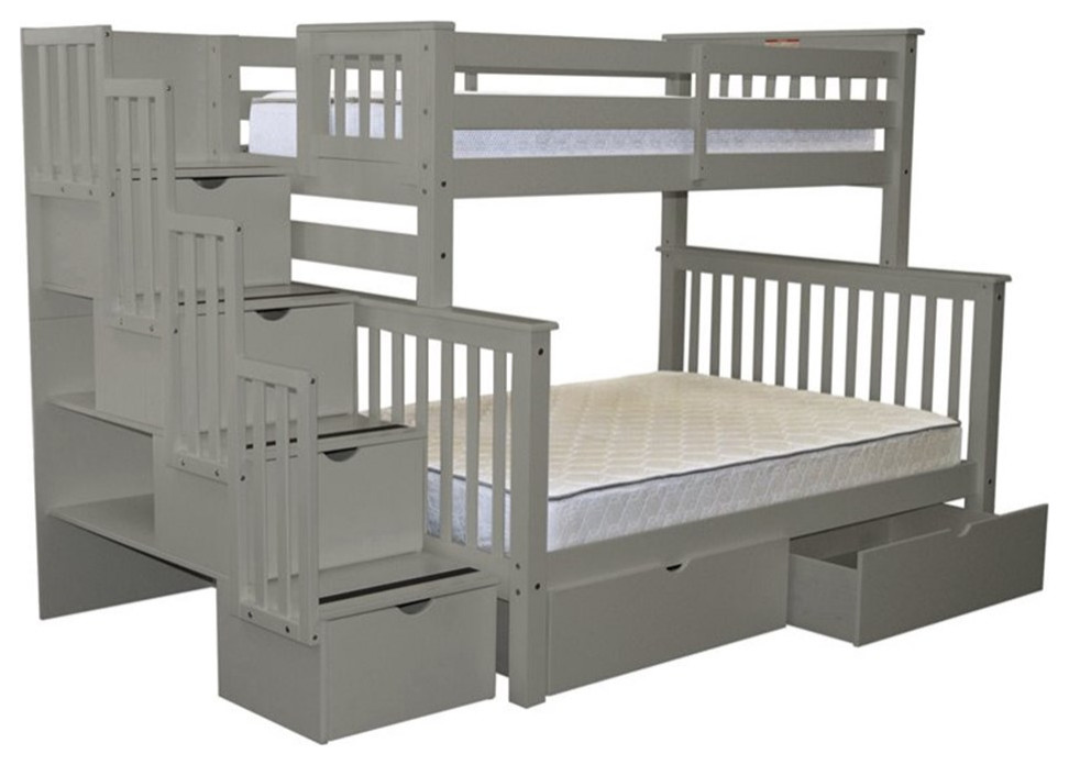 Bedz King Pine Wood Twin over Full Stairway Bunk Bed with 2 Drawers in Gray