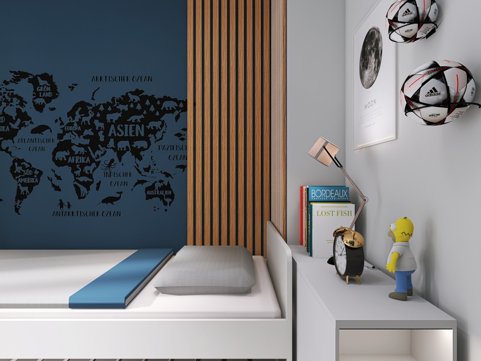 На фото: детская среднего размера в скандинавском стиле с спальным местом, синими стенами, деревянным полом, коричневым полом, многоуровневым потолком и панелями на части стены для ребенка от 4 до 10 лет, мальчика