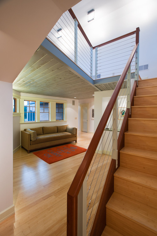 Staircase - large contemporary wooden floating staircase idea in Providence with wooden risers
