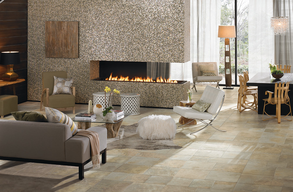 Inspiration for a large contemporary formal open concept living room in Boston with ceramic floors, a two-sided fireplace, a tile fireplace surround and beige floor.