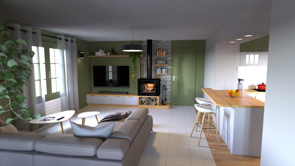 Imagen de sala de estar abierta tradicional de tamaño medio con paredes verdes, estufa de leña, piedra de revestimiento y televisor colgado en la pared