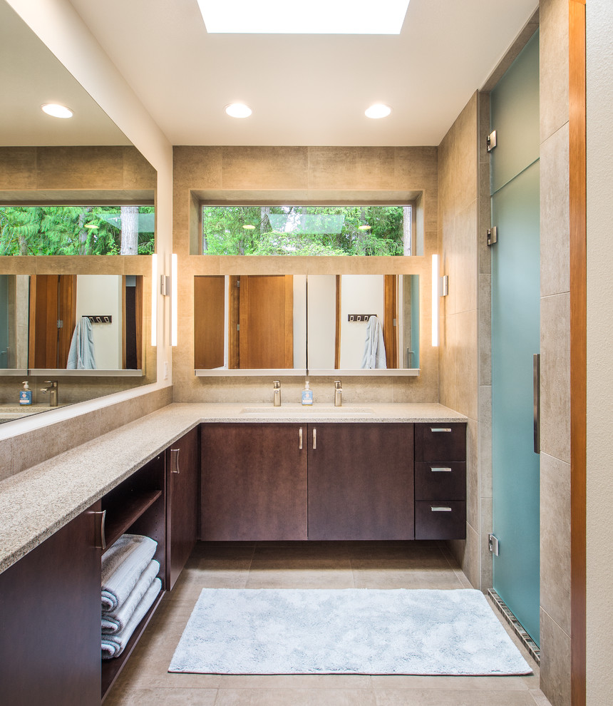 Inspiration for a contemporary master bathroom in Seattle with an undermount sink, flat-panel cabinets, dark wood cabinets, beige tile and white walls.