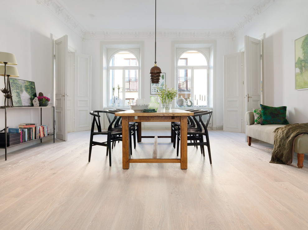 Design ideas for a large scandinavian separate dining room in Dresden with light hardwood floors and white walls.