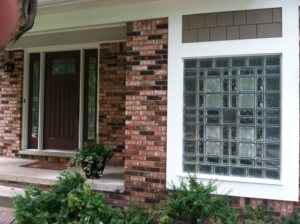 Decorative glass block window styled to match a Craftsman entry door