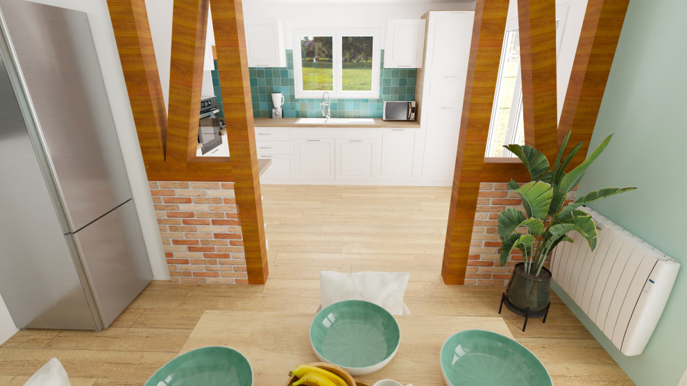 Cette image montre une salle à manger nordique de taille moyenne avec une banquette d'angle, un mur bleu, parquet clair, aucune cheminée et un sol marron.