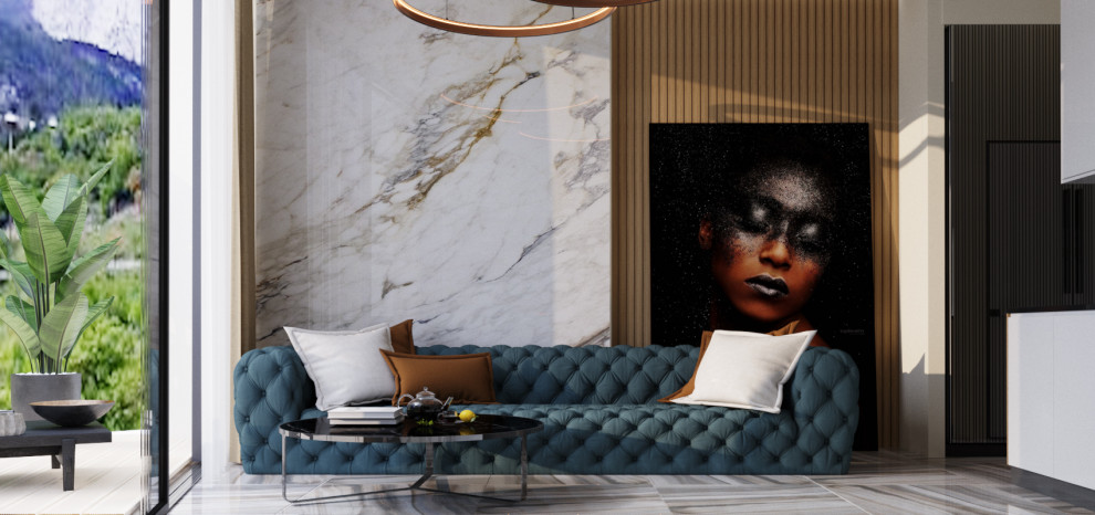 Diseño de salón para visitas abierto y gris y blanco actual grande con paredes beige, suelo de baldosas de porcelana, televisor colgado en la pared y panelado