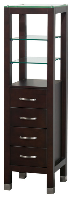 Bathroom Linen Tower, Espresso With Shelved Cabinet Storage and 4 Drawers