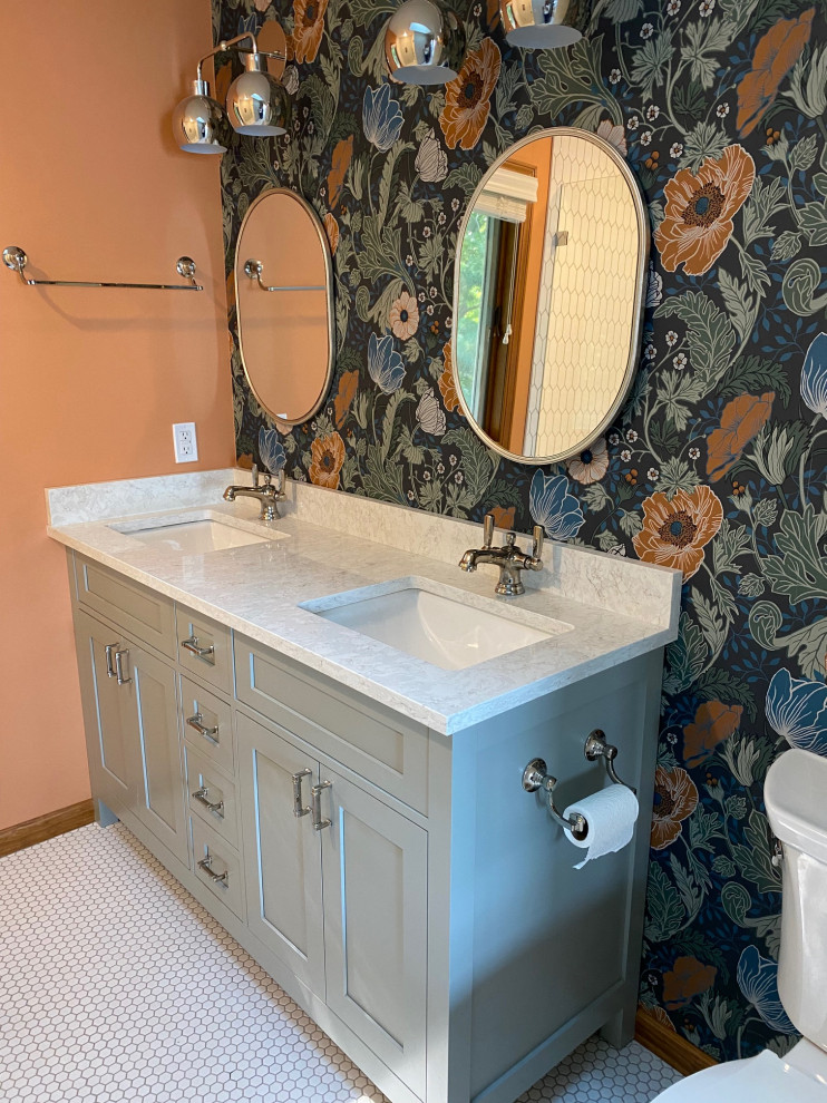 Inspiration for a mid-sized beach style master bathroom in Other with shaker cabinets, grey cabinets, orange walls, mosaic tile floors, an undermount sink, engineered quartz benchtops, white floor, white benchtops, a double vanity and wallpaper.