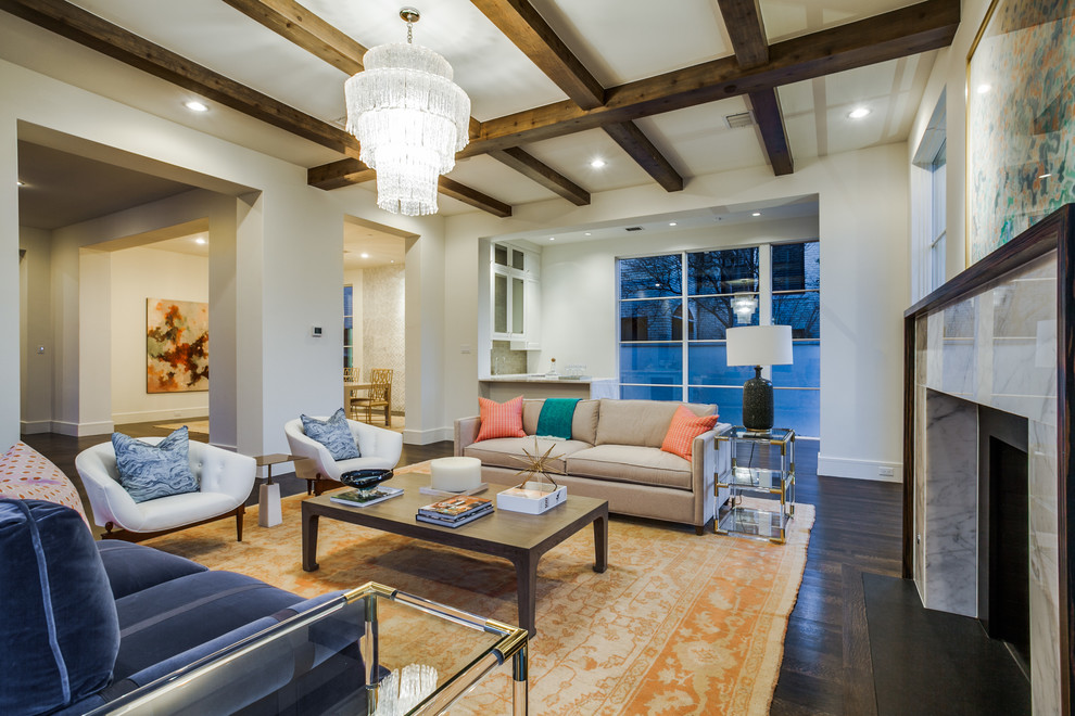 This is an example of an expansive transitional formal open concept living room in Dallas with white walls, dark hardwood floors, a standard fireplace, a stone fireplace surround and no tv.