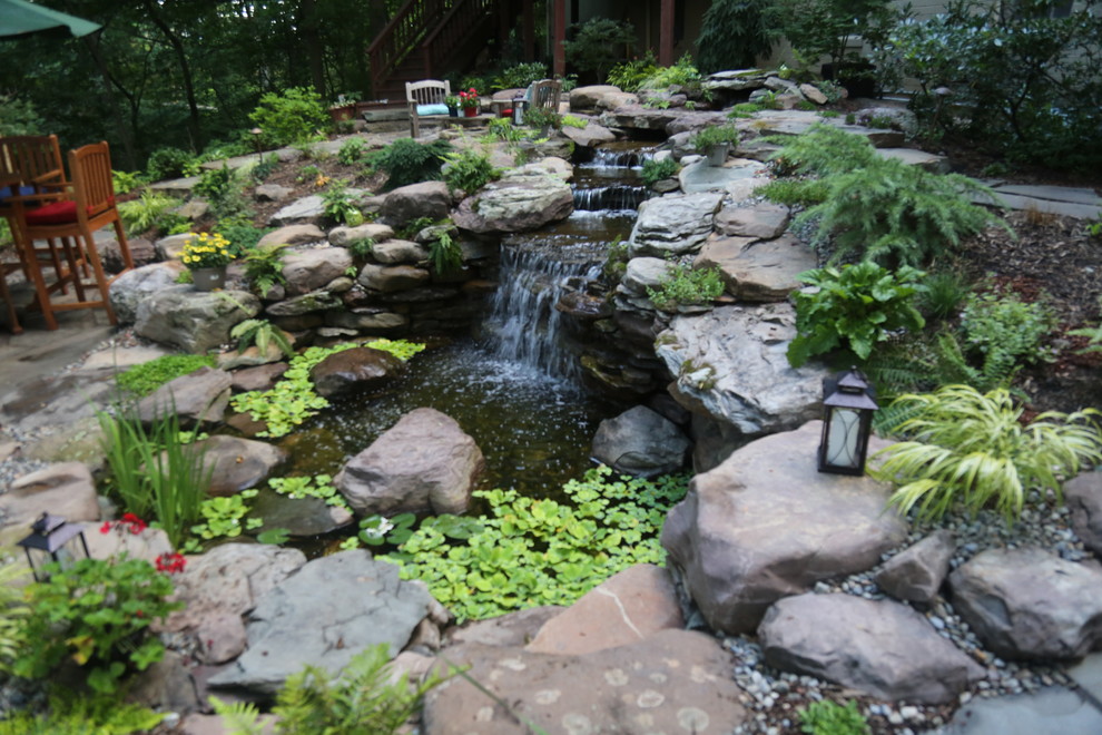 Design ideas for a large transitional partial sun backyard stone water fountain landscape in DC Metro.
