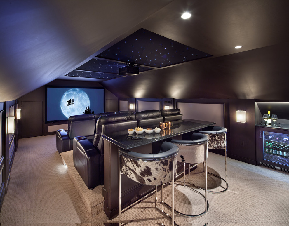 Inspiration for a mid-sized traditional enclosed home theatre in DC Metro with brown walls, carpet and a projector screen.
