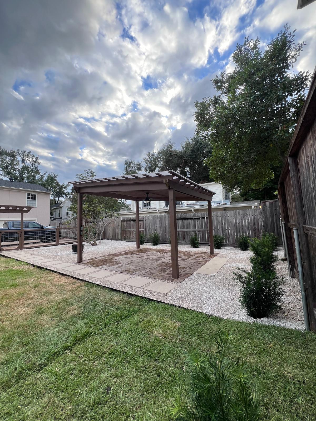 Beautiful stamped concrete patio with Pergola Cover on Haddon st!