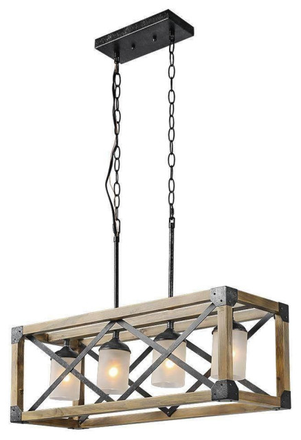 LNC Laius 4-Light Distressed Wood and Black Farmhouse Large Linear Chandelier