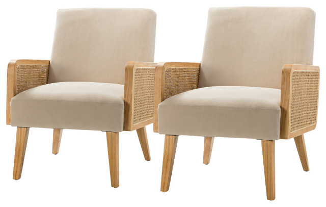 Cane Accent Chair With Rattan Arms Set of 2, Tan