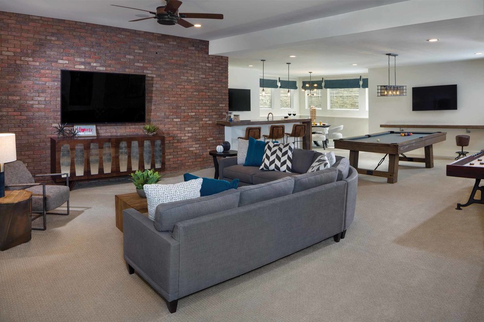 Design ideas for a transitional family room in Other with white walls, carpet, no fireplace and beige floor.
