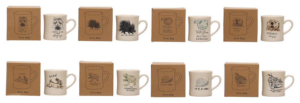 5" Round Stoneware Mug, Animal Print Designs, Storage Box, Cream, Set of 8