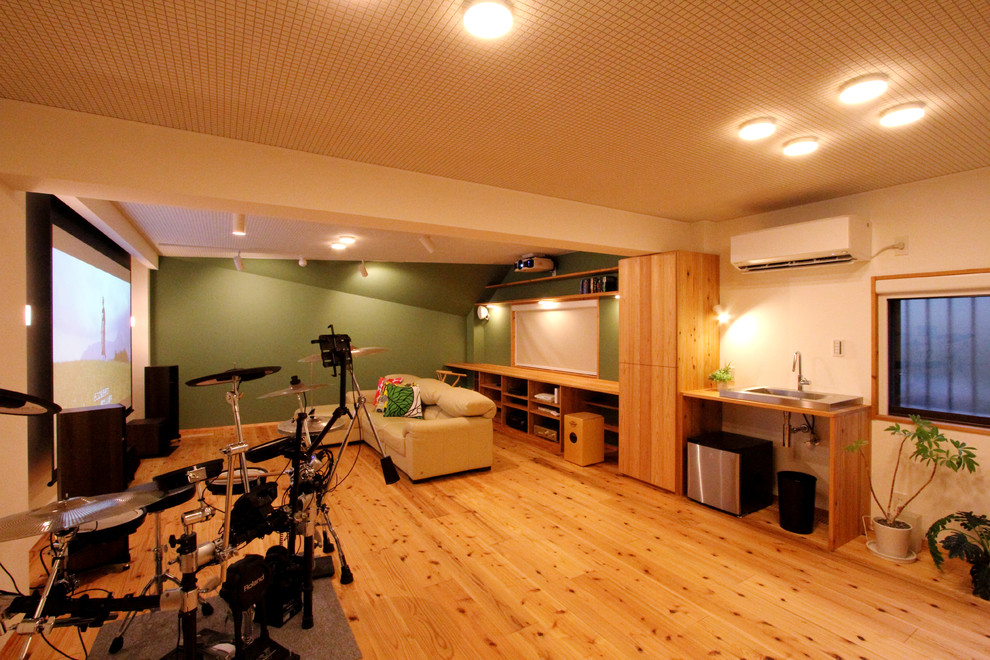 Источник вдохновения для домашнего уюта: изолированный домашний кинотеатр в скандинавском стиле с зелеными стенами, паркетным полом среднего тона, проектором и коричневым полом