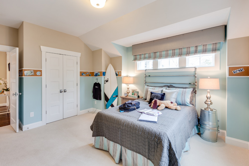 This is an example of a beach style kids' room for boys in Other with multi-coloured walls and carpet.