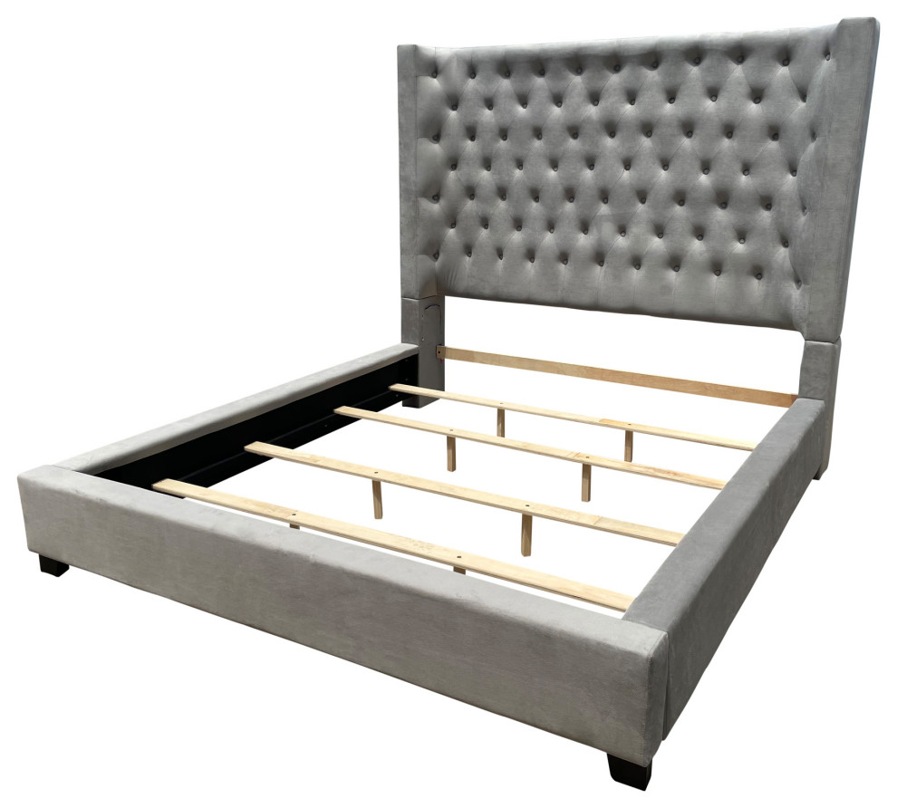 Jamie Upholstered Tower High Profile Contemporary Bed, Gray, Cal King