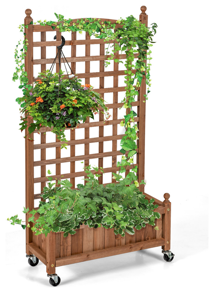 Costway 50in Wood Planter Box w/Trellis Mobile Raised Bed for Climbing