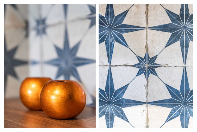 White kitchen with blue star tiles middelhavsstil-koekken