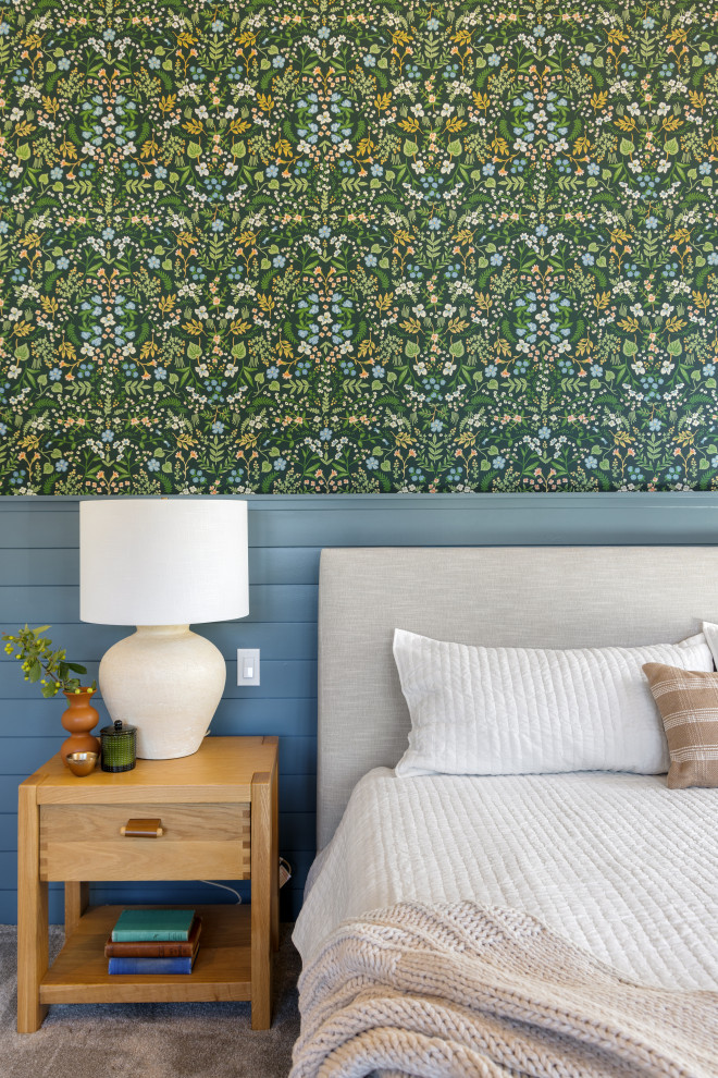 Example of a mid-sized minimalist guest carpeted, beige floor and wallpaper bedroom design in Portland with blue walls