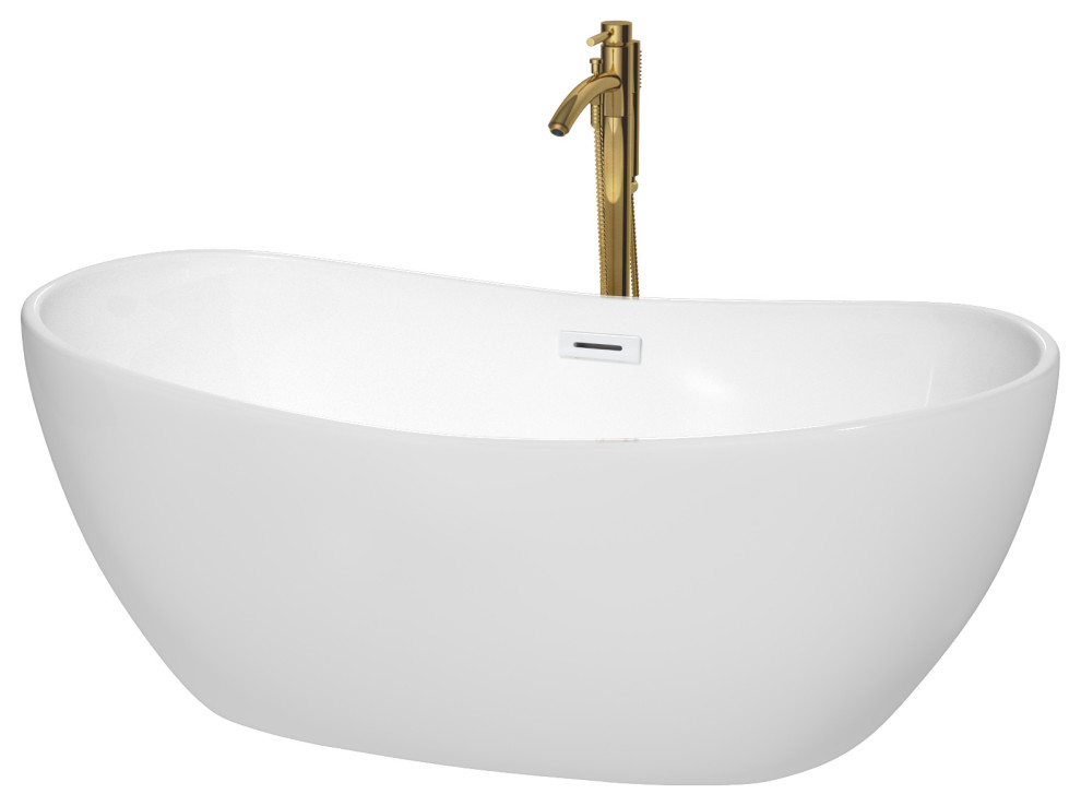 Rebecca 60 to 70" Freestanding Bathtub with options, Shiny White Trim, 60 Inch, Floor Mounted Faucet in Brushed Gold