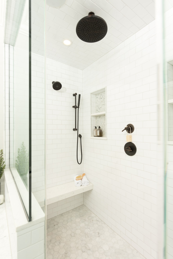 Inspiration for a transitional master bathroom in Chicago with white walls and a hinged shower door.