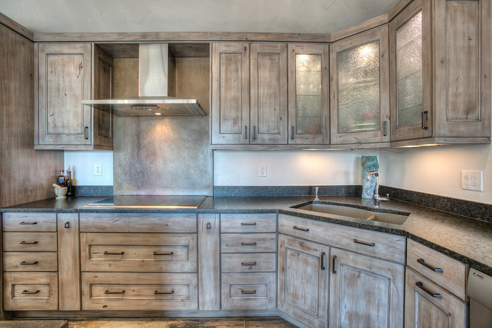 Eat-in kitchen - rustic l-shaped ceramic tile eat-in kitchen idea in Denver with a double-bowl sink, beaded inset cabinets, gray cabinets, granite countertops, gray backsplash, stainless steel appliances and an island