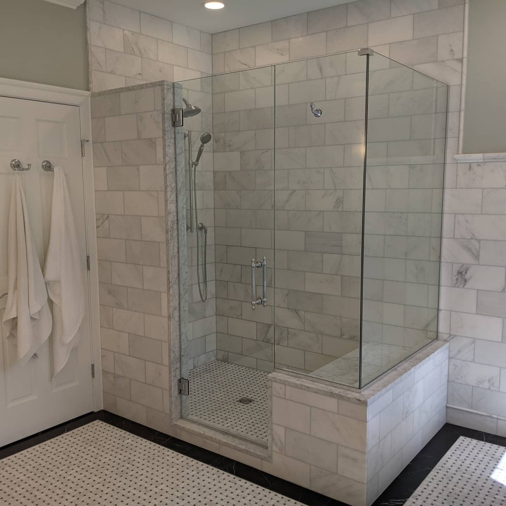 This is an example of a large traditional master bathroom in Baltimore with flat-panel cabinets, white cabinets, a claw-foot tub, an open shower, white tile, marble, beige walls, mosaic tile floors, an undermount sink, engineered quartz benchtops, yellow floor, a hinged shower door, white benchtops, a shower seat, a double vanity and a built-in vanity.