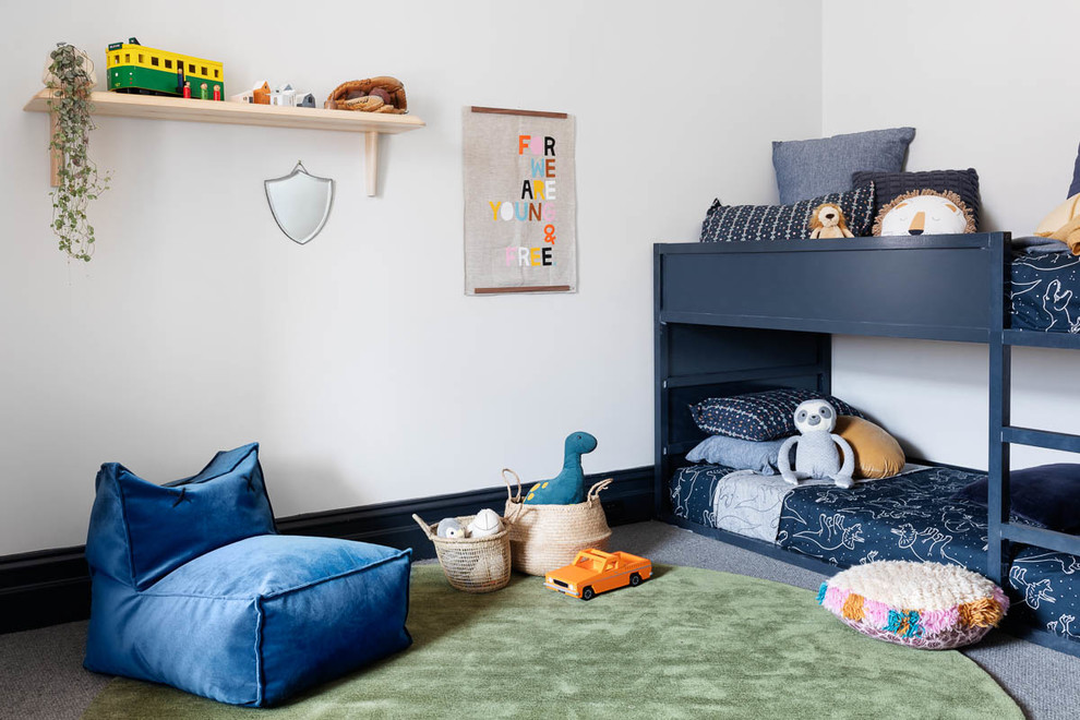Design ideas for a mid-sized contemporary kids' room in Melbourne with carpet, grey floor and white walls.