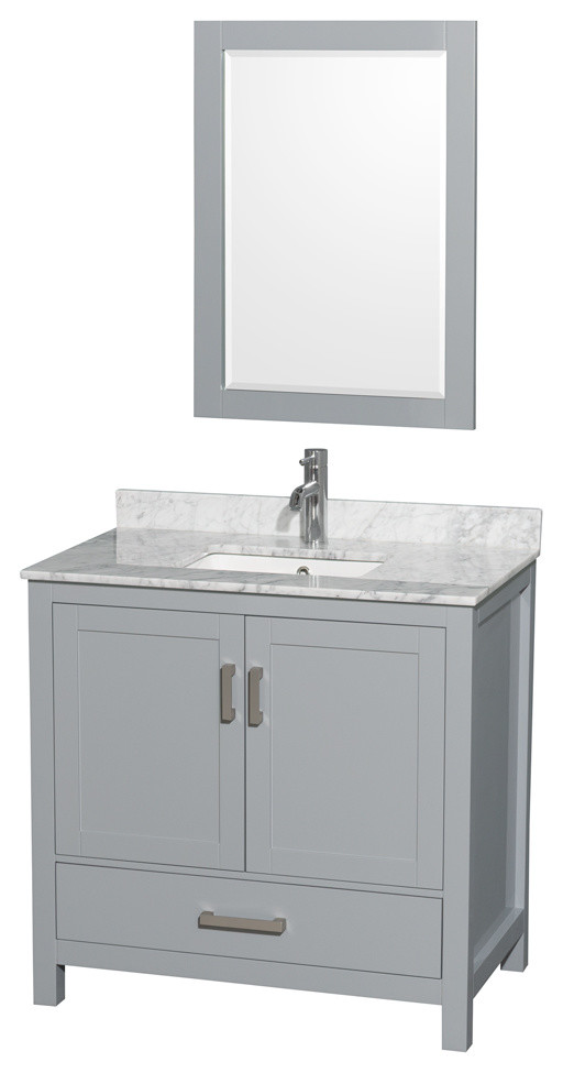 36" Single Vanity,Gray,White Carrara Marble Top,Undermount Square Sink,Mirror