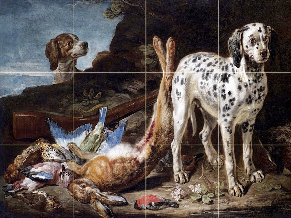 Tile Mural, Still Life With Dogs Backsplash, 6" Marble Farmhouse Tile Murals by FlekmanART