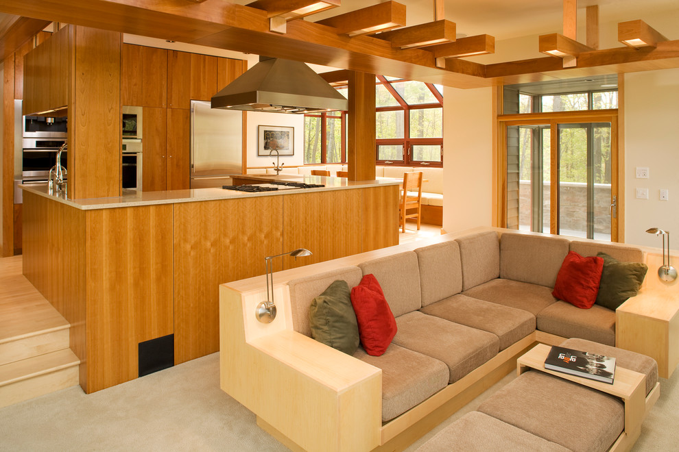 This is an example of a contemporary open concept living room in Minneapolis.
