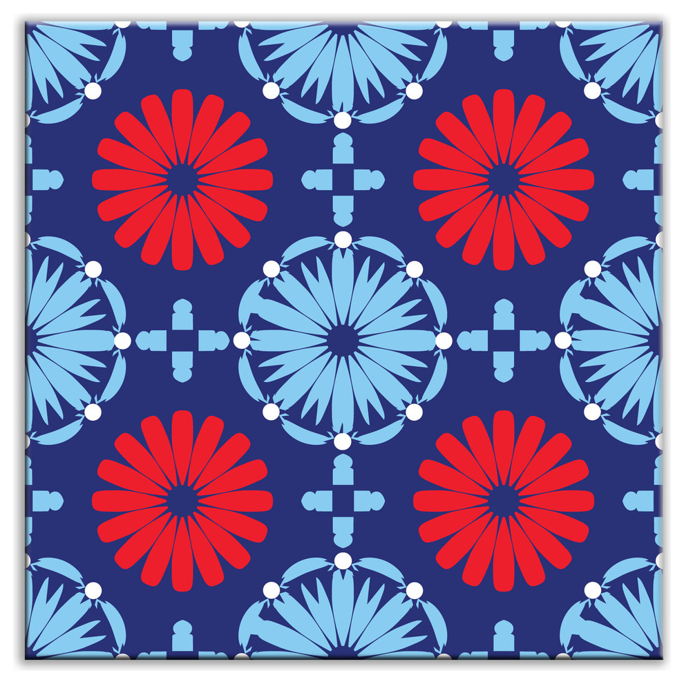 6"x6" Folksy Love Satin Decorative Tile, Kaleidoscope Blue-Red