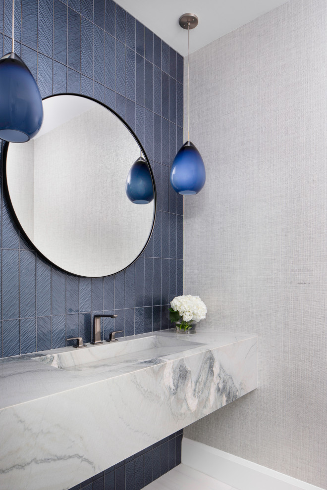 Inspiration for a large bathroom in Miami with blue tile, glass tile, a single vanity and a floating vanity.