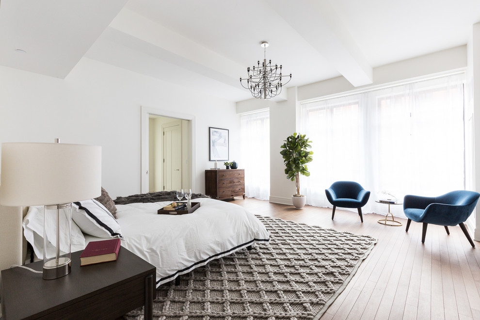 This is an example of a contemporary master bedroom in New York with white walls and light hardwood floors.