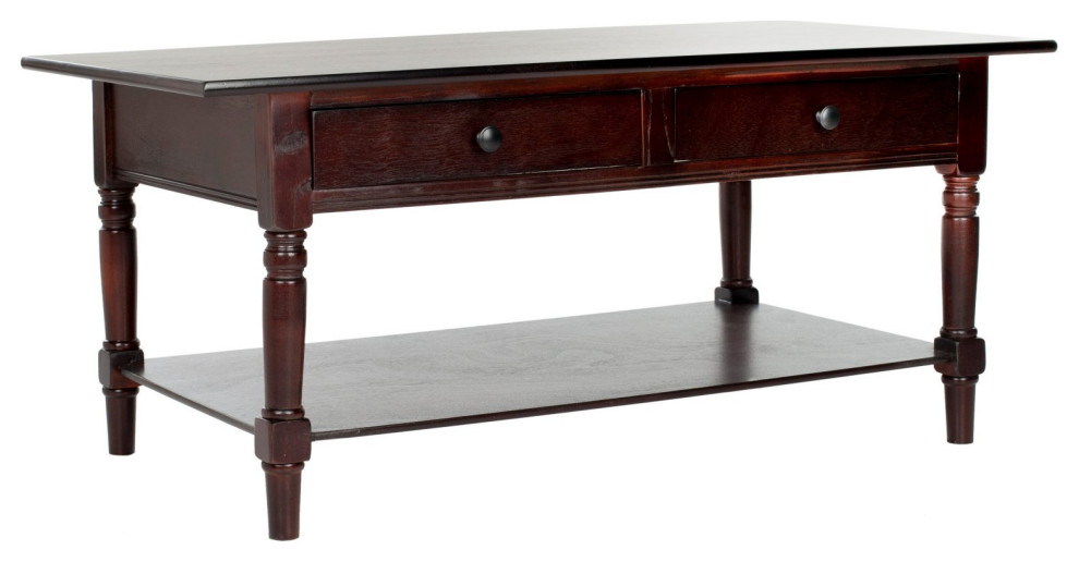 Traditional Coffee Table, Spindle Legs With Shelf and 2 Drawers