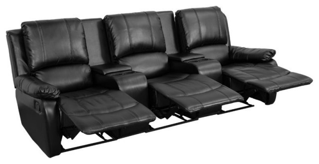 Flash Furniture 3 Seat Leather Reclining Home Theater Seating in Black