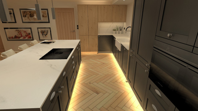 Lava Black kitchen with mitred-gable end, white worktop klassisk-koek