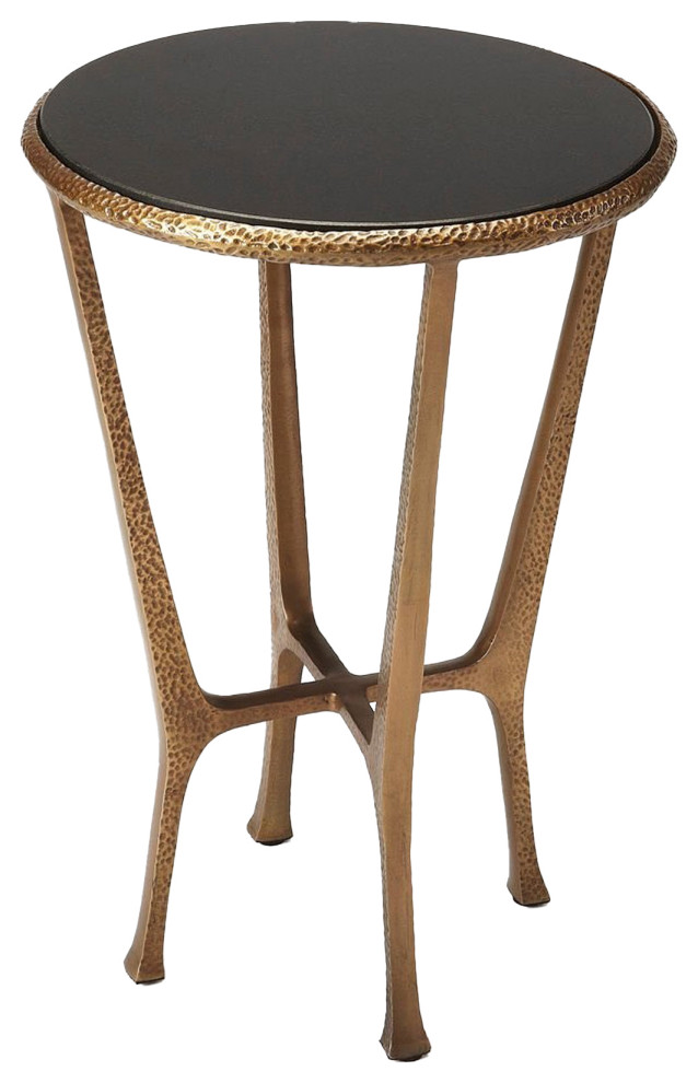 Modern Black Granite Stone Top Round End Table with Bronze Finished