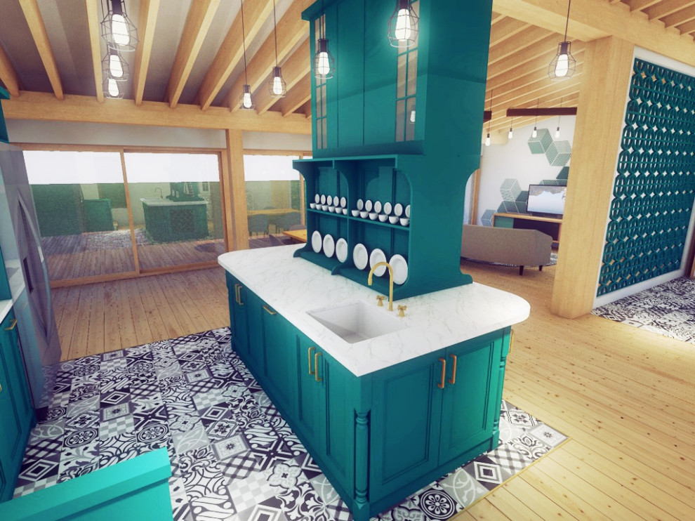 Design ideas for a mid-sized country galley open plan kitchen in Phoenix with an undermount sink, turquoise cabinets, marble benchtops, stainless steel appliances, ceramic floors, a peninsula, multi-coloured floor and white benchtop.