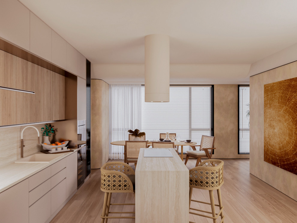 кухня-гостиная в тёплом стиле. Скандинавский стиль, "Джапанди"