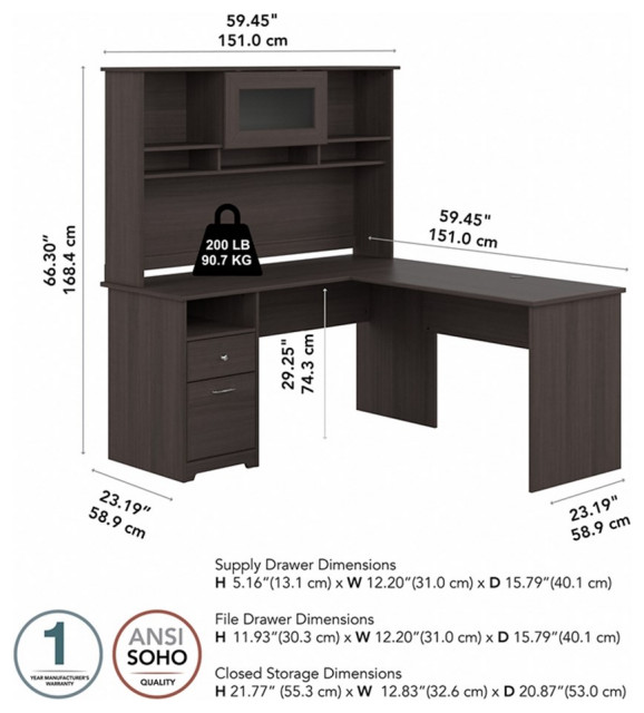 Pemberly Row Carbon Oak Finish Computer Desk Hutch | Engineered Wood & Metal, 38.5"H X 60"W, Attaches To Desk
