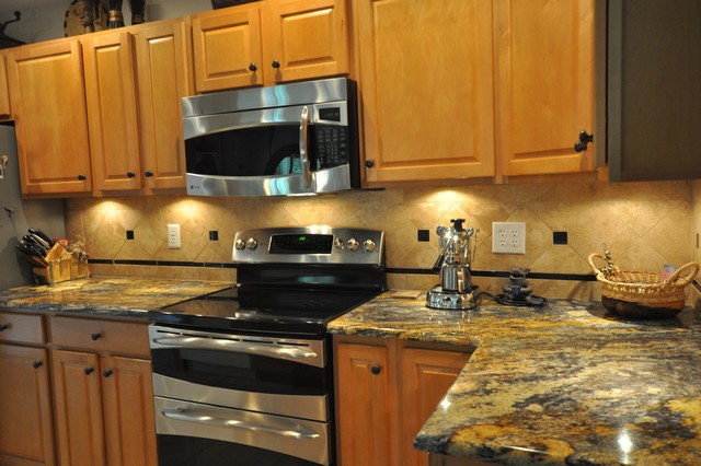 Purple Dunas Granite Countertop With Durango Tile Backsplash