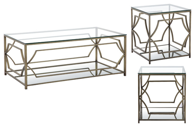 3-Piece Edward Rectangular Living Room Table Set, Brass