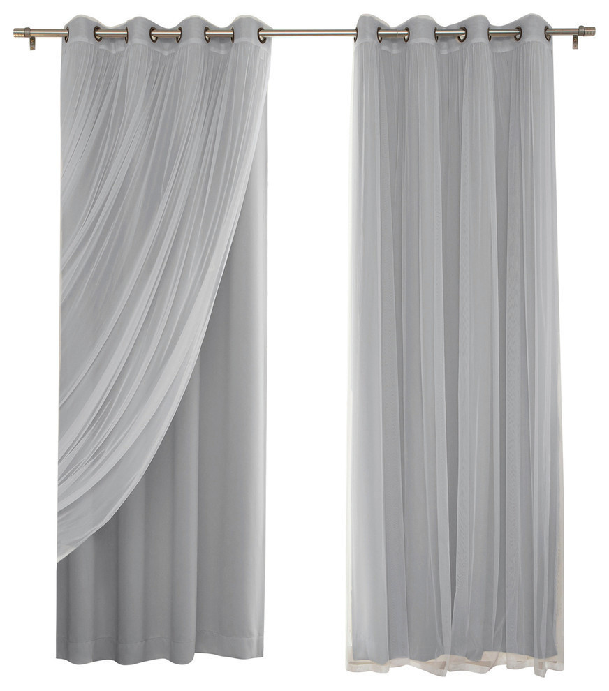 Gathered Tulle Sheer and Blackout 4-Piece Curtain Set, Gray, 96"
